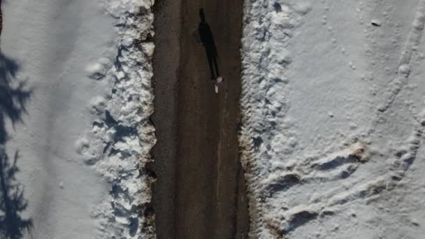Drone Vista Dell Uomo Camminare Mucchio Neve Camminare Fuori Inverno — Video Stock