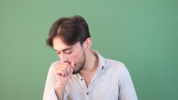 Man Covering His Mouth His Hand Coughing Green Screen Sick — Stock Video