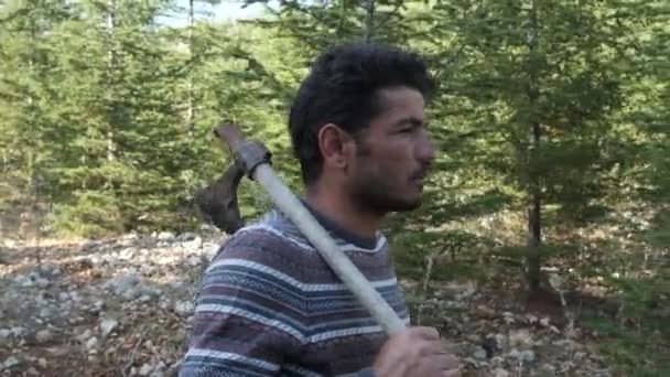 Vue Profil Latérale Homme Barbu Marchant Dans Forêt Avec Hache — Video