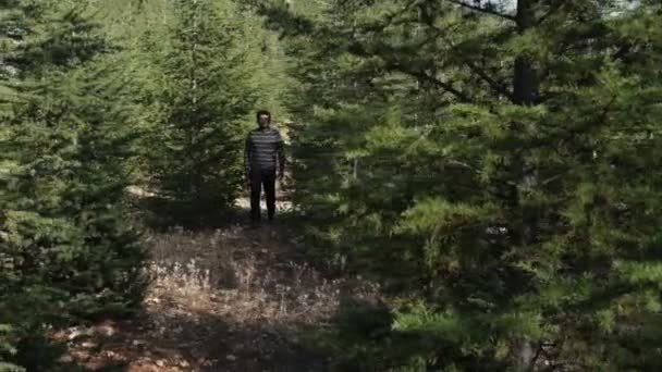 Seriös Ung Man Går Snabbt Farlig Väg Skogen Med Yxa — Stockvideo