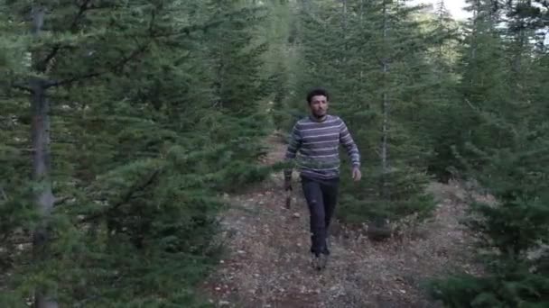 Jonge Bebaarde Man Met Bijl Die Buiten Door Wandelende Bomen — Stockvideo