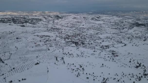 Blick Auf Schneebedecktes Ackerland Und Dorf Unter Wolkenverhangenem Himmel Winter — Stockvideo