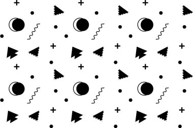 Kusursuz siyah beyaz çizimler. Retro doku ve geometrik elementler. Memphis tarzı. Tasarımın için şablon. Baskı malzemesi, kumaş, duvar kağıdı, kağıt için düz vektör. Vektör illüstrasyonu