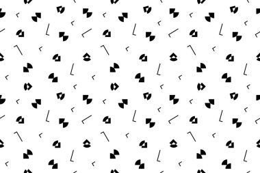 Memphis tarzında küçük geometrik desen. Noktalı küçük vektör dokusu, daireler, üçgenler, kısa vuruşlar. Promosyon ürünleri tasarımı, ambalaj kağıdı ve baskı. Vektör illüstrasyonu.