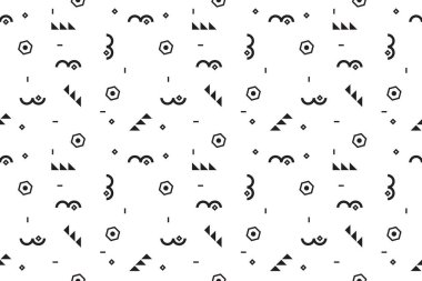 80 'lerin memphis tarzında geometrik şekilli kusursuz desen. siyah ve beyaz geometrik desen. Promosyon ürünleri tasarımı, ambalaj kağıdı ve baskı. Vektör illüstrasyonu. 