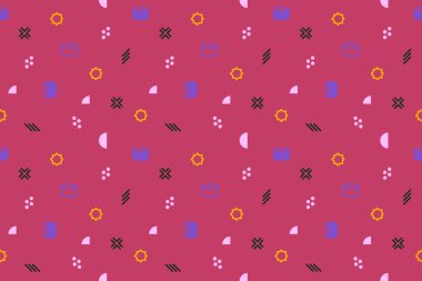 Memphis tarzında küçük geometrik desen. Noktalı küçük vektör dokusu, daireler, üçgenler, kısa vuruşlar, pembe renkte. 90 'ların modası kusursuz. Vektör illüstrasyonu