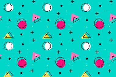 Kusursuz renksiz çizimler. Retro doku ve geometrik elementler. Memphis tarzı. Tasarımın için arka plan. Baskı malzemesi, kumaş, duvar kağıdı, kağıt için düz vektör. Vektör illüstrasyonu