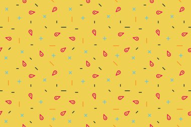 80 'lerin memphis tarzında geometrik şekilli kusursuz desen. Renkli geometrik desen. Promosyon ürünleri tasarımı, ambalaj kağıdı ve baskı. Vektör illüstrasyonu. 