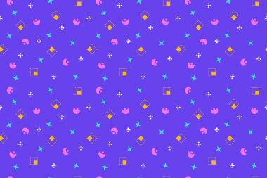 Kusursuz Memphis geçmişi. Çizgilerle soyut renkli şekiller ve kumaş, kumaş ve tekstil için mor üzerine Geometrik figürler. Memphis Style 'da Modern Kusursuz Çokrenkli Arka plan. Vektör illüstrasyonu