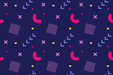 80 'lerin memphis tarzında geometrik şekilli kusursuz desen. Renkli geometrik desen. Promosyon ürünleri tasarımı, ambalaj kağıdı ve baskı. Vektör çizimi. Vektör illüstrasyonu