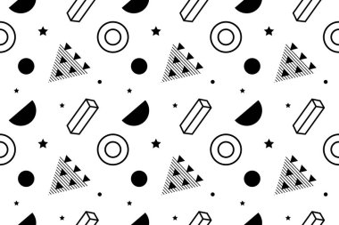 Popüler sanat eserleri arka planı. Doku ve kartpostallar için geometrik şekillerin Memphis deseni. Vektör İllüstrasyonu. Hippi tarzı 80 'ler-90' lar. Soyut retro funky arkaplan. 