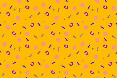 Kusursuz Memphis geçmişi. Çizgileri olan soyut renkli şekiller ve kumaş, kumaş ve tekstil için sarı üzerine geometrik şekiller. Memphis Style 'da Modern Kusursuz Çokrenkli Arka plan. Vektör illüstrasyonu