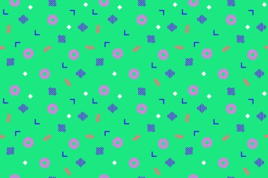 Pop sanatının arka planı. Bauhaus geometrik grunge dokusu. Doku ve kartpostallar için geometrik şekillerin Memphis deseni. Vektör İllüstrasyonu. Hippi tarzı 80 'ler. Soyut renkli funky arkaplan.