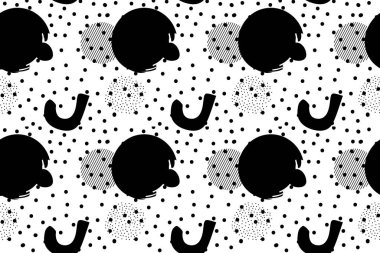 Memphis Düzeni. Yaz Eğlencesi Arkaplanı. Siyah beyaz renkler. Memphis Tarzı Desenleri. Soyut el çizimi Eğlence Arkaplanı. Hippi tarzı 80 'ler-90' lar. Eğlenceli desen. Vektör illüstrasyonu