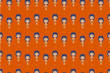 Antik Mısır 'ın kusursuz deseni. Mısırlı Kleopatra kostümü giyen çizgi film kızı. Hiyeroglif duvar resmi tarzında dindar putperest, kusursuz bir geçmişi var. Vektör illüstrasyonu