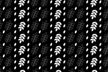 Kusursuz vektör deseni. Beyaz arka planda dalları ve yaprakları olan bir arka plan. Nötr sarmaşık tasarımı. Gizemli ve doğulu orman tasarımı. Kumaş tasarımı için hazır. Vektör illüstrasyonu 