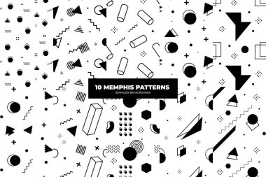 Set of Memphis Pattern. Black, white, grey colors. Memphis Style Funky Patterns. Hipster Style 80s-90s. Vector illustration. Suitable for banners, funky posters, flyers, covers.