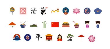 Traditional chinese icon set. hand drawn vector illustration set in flat style. religious china symbols, animals, people and buildings. Tribal asian icons for travel and new year works. 