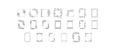 Tropikal el çiçekli çerçeveler çizdi. Taslak hazır. Orman yaprakları çizimi. Çiçek seti. El çizimi. Vektör izole koleksiyonu. Doğal bahar düğün kartı. Yaz tropik yaprakları. Botanik çerçeveler.