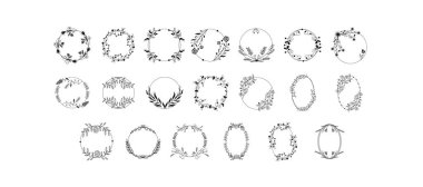 Wedding invitation frame set. Elegant floral bouquet card, wedding greeting elements. Luxury design set for wedding and decoration. Botanical outline decor of herbs, twigs, sprigs and plants elements