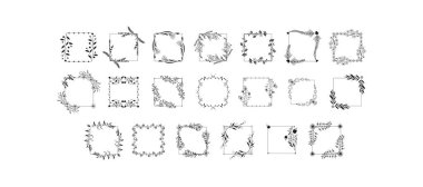 Botanical frames. Hand drawn round line border, leaves and flowers, wedding invitation and cards, logo design and posters template. Elegant minimal style floral vector set. Vector illustration