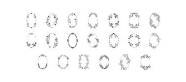 Botanical frames. Hand drawn round line border, leaves and flowers, wedding invitation and cards, logo design and posters template. Elegant minimal style floral vector set. Vector illustration