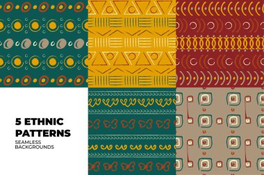 Collection of vector seamless backgrounds. African ethnic traditional patterns. Vector illustration. Boho textile swatch. Unique hand drawn tile. Perfect for kitenge, wrapping paper and african cloth.