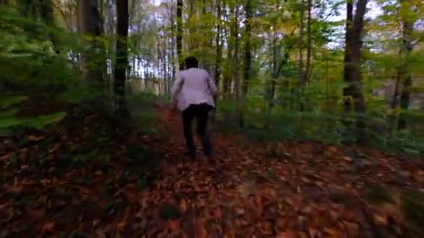 Homme Courant Rapidement Travers Forêt Déserte Adolescent Fuyant Sur Chemin — Video