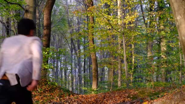 緑の木々の間を森の散歩を取るブレザージャケットの若い男は 季節が変わると 木の葉がカラフルになる — ストック動画