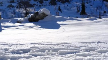 Karda insan adımları, sadece dizine kadar görünen bir açıyla iki adım, karlı zeminde yavaş ve durgun insan adımları.