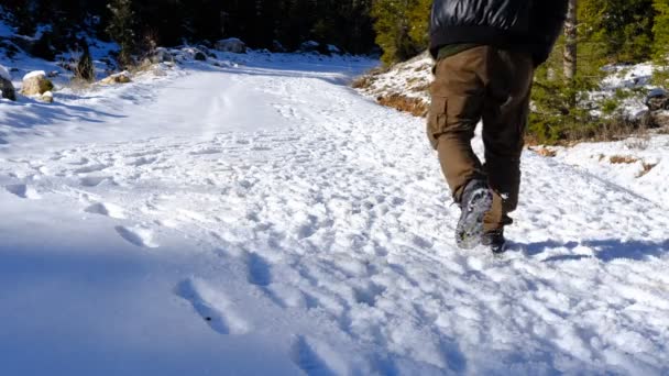 Imagen Que Sigue Las Huellas Caminante Nieve Rastros Personas Suelo — Vídeo de stock
