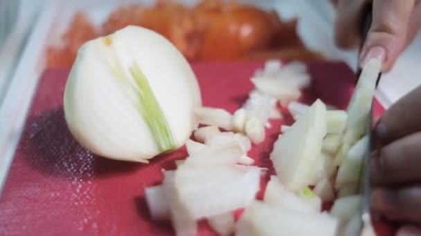 Hagymát Darabolni Kockákra Vacsorához Hagymát Salátába Keverni Egy Késsel Aprítódeszkán — Stock videók