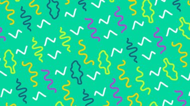 Minimum modern zig zag arkaplan. Yeşil zemin üzerinde beyaz ve yeşil mor turuncu kıvrımlı çizgi.