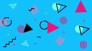 Geometrik arka plan pop sanatı tarzı, mavi kompozisyonda pembe siyah şekilli. 80 'ler ve 90' lar.