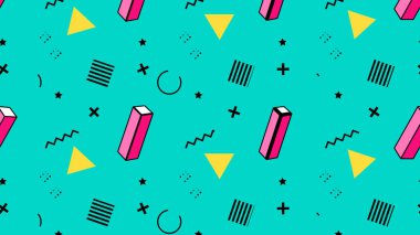 Geometrik retro arkaplan pop sanat tarzı açık yeşil kompozisyonda pembe sarı şekilli.