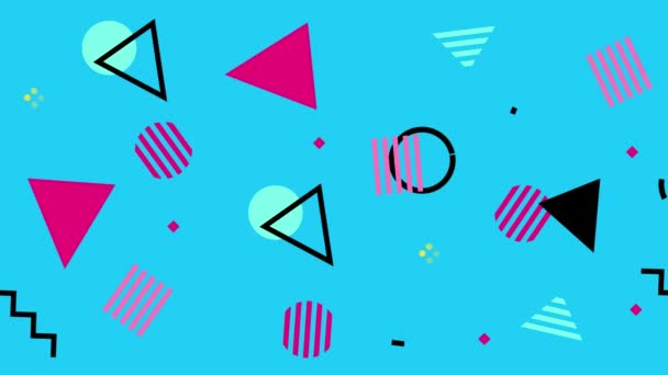 Ретро Абстрактный Дизайн Синий Фон Узор Красочными Треугольниками Кругами Линиями — стоковое видео