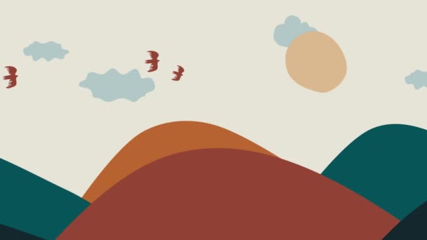 Minimalny Obszar Górski Ilustracja Przestrzeni Tło Pętli Chmury Góry Ptaki — Wideo stockowe