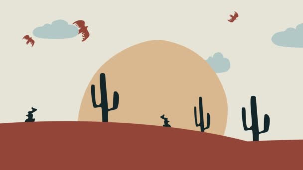 最小的山地土地空间图解循环背景 云雾笼罩着沙漠和鸟儿 4K动画 — 图库视频影像