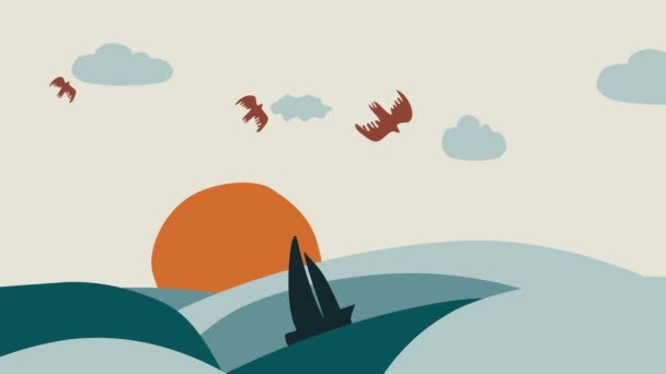 Minimalny Obszar Górski Ilustracja Przestrzeni Tło Pętli Chmury Morza Ptaków — Wideo stockowe