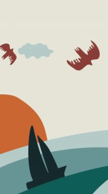 Minimal dağ arazisi illüstrasyon döngüsü arka planı. Bulutlar deniz ve kuşlar. 4k animasyon.