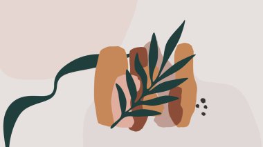 Asgari moda tarzında bej soyut arkaplan. Kahverengi turuncu yeşil renk şekilleri. Yüksek kalite