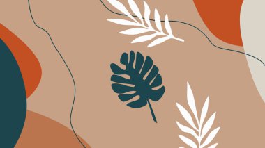 Yeşil ve beyaz yapraklı ve geometrik elementli modaya uygun bir arka plan. Yüksek kalite fotoğraf