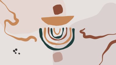 Asgari moda tarzında bej soyut arkaplan. Kahverengi turuncu yeşil renk şekilleri. Yüksek kalite.