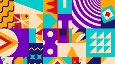 Bauhaus tarzı mor turuncu donanma renginde modern arka plan geometrik tasarımı. Yüksek kalite 