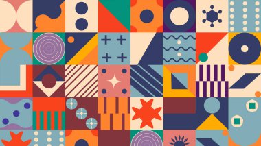 Geometrik arkaplana sahip yamalardan çokcanlı renksiz desen.