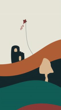 Minimal dağ arazisi illüstrasyon döngüsü arka planı. Bulutlar dağ ve kuşlar. 4k animasyon.