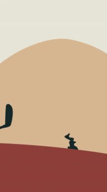 Minimal dağ arazisi illüstrasyon döngüsü arka planı. Bulutlar çöl ve kuşlar. 4k animasyon.