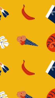 El çizimi turuncu renkli şirin portakal. Yaprak kiraz muz ikonu elle çizilmiş. 4k animasyon.