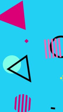 Renkli üçgenler, daireler, çizgiler ve zikzaklar içeren soyut tasarım mavi desen arkaplanı. 