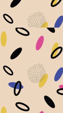 Memphis bej arka planı. Geometrik renkli şekillerle soyut arkaplan canlandırması